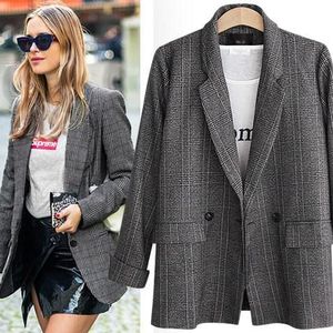 Plus Size Plaid Koreaanse vrouwen Blazers Jassen Lange Mouwen Notched Vintage Casual Mode Jassen Herfst Winter Koffie Grijs