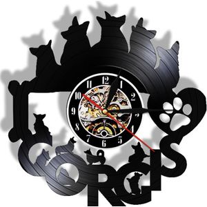 Corgi Hond 3D Quartz Wandklok Welsh Corgi Portret Zwart Opknoping Horloge Pet Shop Morden Vinyl Record Nachtlampje lamp
