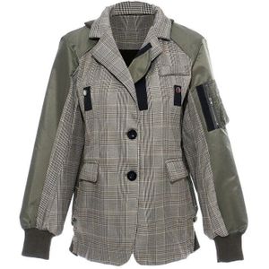 [Eam] Losse Fit Army Green Plaid Stitch Big Size Jacket Revers Lange Mouwen Vrouwen Jas Mode Tij lente Herfst 1D636