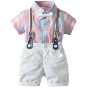 0-4T Baby Boy Plaids Gentleman Kleding Set Kids Korte Mouw Bow Tie Plaid Bodysuits + Bib Broek 2 stuks Bruiloft Formele Pak Outfits