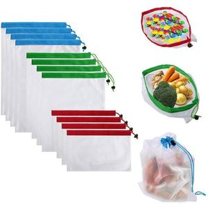 12Pcs Herbruikbare Produceren Opbergzakken Wasbare Mesh Tas Boodschappentas Voor Fruit/Groente-3 Verschillende Maten