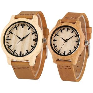 YISUYA Paar Houten Horloge Man Vrouwen Quartz Horloges Bamboe Gezicht Horloges met Lederen Band Strap voor Lover