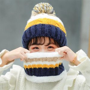 Meisje Winter Streep Mutsen Muts Sjaal Set Kind Gevlochten Cable Knit Pomponmuts En Ring Sjaals Kids Warm Cap 4-12T Dragen Roze