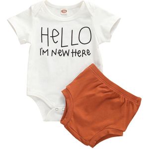 0-24M Pasgeboren Baby Meisjes Outfits Brief Print Korte Mouw Jumpsuit Hoge Taille Bruin Shorts Hello Set