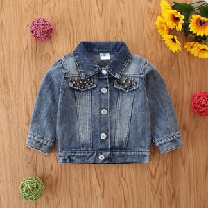 Kinderen Herfst Outfit, blue Revers Lange-Mouwen Denim Jasje Met Staaflijst Hart-Vormen Pailletten Decoratie Voor Meisjes