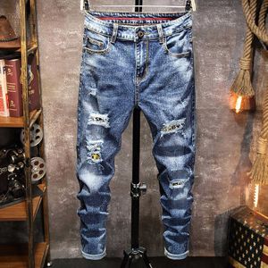 Blue Ripped Jeans Mannen Gele Bijpassende Patchwork Jeans Ripped Stretch Slanke Broek Gewassen Motorfiets Hip-Hop Streetwear