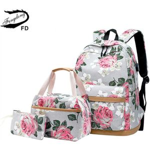 FengDong 3 stks/set koreaanse stijl bloem canvas school rugzak kinderen bloemen book bag set schooltassen voor tienermeisjes bagpack