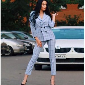 Office Lady Plaid Werk Broek Past Notched Kraag Blazers en Broek Vrouwen Herfst Tweedelige Pakken