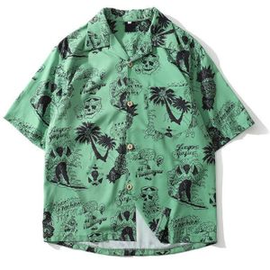 Lovzon Volledige Gedrukt Retro Shirt Mannen Zomer Strand Casual Straat Mannen Shirts Korte Mouwen Schedel Print Shirts Voor Mannen groen Wit