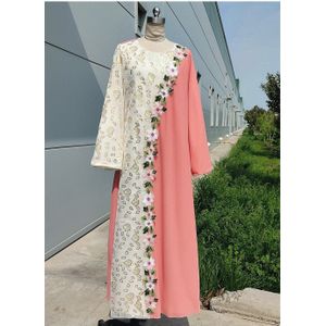 Dubai Jurk Modest Sweet Oranje Roze Bloemen Borduren Lange Mouwen Arabische Moslim Jurken Oman Toevallige Abaya Kaftan