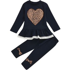 Mode Toevallige Sweater Peuter Kids Baby Meisjes Luipaard Hart Vorm Print Tops Tee Broek Outfits Kleding Set Roupa Menino