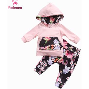 Herfst Winter 2 STUKS Pasgeboren Baby Meisjes Kleding Set Pocket Patchwork Hooded Tops + Bloemen Leggings Outfit Baby Kleding