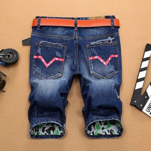 Zomer Mannen Retro Blue Ripped Korte Jeans Street Big Hole Slim-Fit Denim Shorts mannelijke Kleding