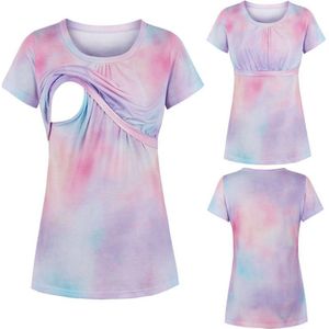 Moederschap Kleding Tops, Borstvoeding T-shirts, Zachte Double-Layer Tie-Dye Katoen Korte Mouwen Kleding, bevalling En Pyjama