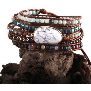 Rh Mode Lederen Boho Armbander Groene Gemengde Natuurlijke Stenen Charm 5 Strengen Kralen Wrap Armbanden