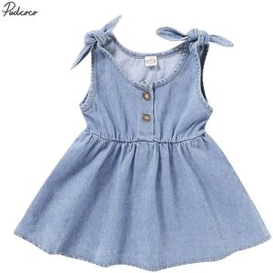 Baby Zomer Kleding Baby Kids Baby Meisjes Mode Straped Mouwloze Knoppen Jurk Effen Kleur Denim Jurk