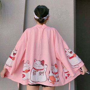 Japanse Lucky Cat Print Kimono Vest Vrouwelijke Losse Shirt Tops Strand Casual Jas Yukata Vrouwen Kimono Cosplay Aziatische Clothings