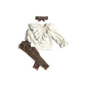 Kid Baby Meisje Kleding Sets Solid Lange Mouwen Ruffle Tops Sweatshirt + Luipaard Print Broek Hoofdband 3Pcs outfit