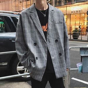 Mannen Blazers Plaid Double Breasted Lange Mouwen Koreaanse Mode Vrije Tijd Losse Heren Uitloper Tieners Chic Ulzzang Retro Ins Bf Studenten