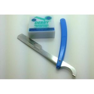 Scheermes met 100 derby blades, blauw, rood, wit