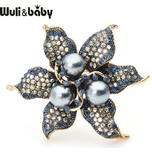 Wuli & Baby Grey Pearl Bloem Broches Vrouwen Alloy Blue Rhinestone Flower Bruiloften Banket Broche Pins Jaar