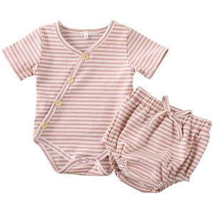 Baby Zomer Kleding Pasgeboren Baby Jongen Meisje 100% Katoen Outfits Kleding Set Gestreepte Geribbelde Romper Tops Shorts Broek Sunsuit