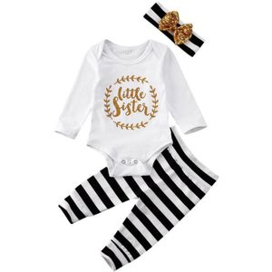 3 Pcs Pasgeboren Baby Meisje Kleding Hoofdband Kattenbakvulling Zus Brief Print Jumpsuit Romper Broek Leggings Outfits