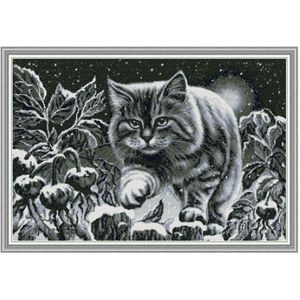 Zwarte Kat Op Besneeuwde Nacht Telpatroon Aida 14ct 11ct Count Print Canvas Kruissteken Handwerken Borduren Diy Handgemaakte