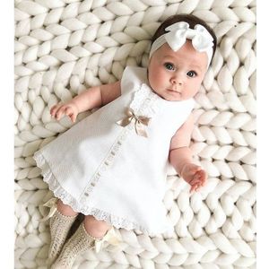 Zomer Baby Kleding Pasgeboren Baby Meisje Kanten Jurk Mouwloze Strik Witte Hoofdband 0-24M