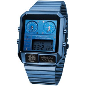 Duantai Mens Luxe Volledige Stalen Vierkante Horloge Dual Synchrone &amp; 10-Bit Digitale Led Horloge Mannen Sport Horloge часы Мужские