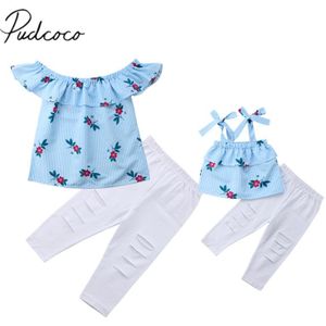 Gloednieuwe Moeder Dochter Matching Vrouwen Meisjes Bloemenprint Gestreepte Mouwloze Ruches Tops Broek 2 STKS Familie Kleren