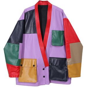 [Eam] Losse Fit Pu Leer Split Big Size Jacket V-Kraag Lange Mouw Vrouwen Jas Mode tij Lente Herfst 1DD0176