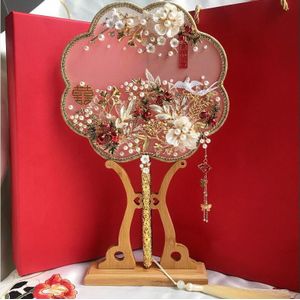 Janevini Luxe Gold Bridal Fan Boeketten Handgemaakte Bloemen Kralen Chinese Metalen Ronde Hand Fan Sieraden Bruiloft Accessoires
