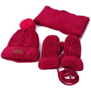 3 Pcs Winter Baby Muts Sjaal Handschoenen Set Kinderen Pompon Gebreide Hoeden Voor Meisjes Jongens Dikke Warme Handschoenen Sjaal Mutsen met Voering