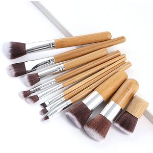 11Pcs Natuurlijke Bamboe Handvat Make-Up Kwasten Set Met Katoenen Zak Foundation Blending Cosmetische Make Up tool