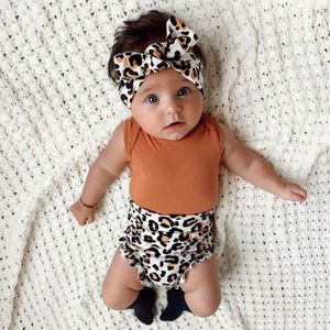 Pasgeboren Baby Meisje Set Mouwloos Bodysuit Luipaard Shorts Hoofdband Pasgeboren Baby Meisje Kleding Zomer Outfit