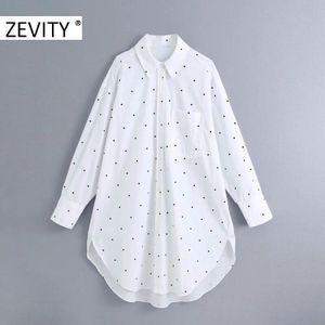 Zevity Vrouwen Dots Print Casual Lange Kiel Blouse Shirts Vrouwen Lange Mouwen Pockets Blusas Losse Femininas Tops LS7052