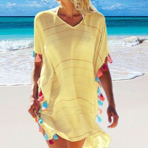 Vrouwen Strand Korte Tuniek Cover-Ups Vestidos Solid V-hals Zonnejurk Vintage Loose Party Bikini Cover