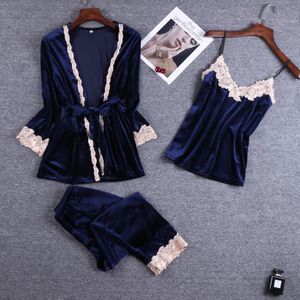 Grijze Dame 3 PC Strap Top Broek Pak Pyjama Nachtkleding Sets Womens Lente fluwelen Homewear Nachtkleding Kimono Robe Bad gown Bathrob