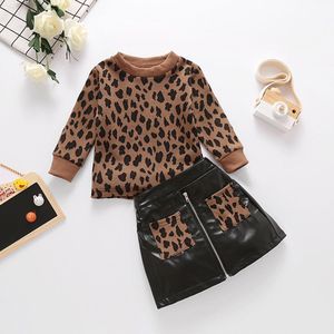 Pasgeboren Kids Meisjes Kleding Set Trui Bruin Luipaard Trui Hip Pocket Rok Outfits Herfst Kinderen Set Voor Kinderen Meisjes 1-5Y