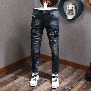 Streetwear Mannen Jeans Retro Blauw Patchwork Ripped Denim Casual Broek Elastische Slim Fit Vintage Hip Hop Broek