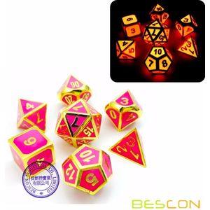 Bescon Super Glow In The Dark Metal Polyhedrale Dobbelstenen Set Gouden En Rose, lichtgevende Metallic Rpg Rol Playing Game Dobbelstenen 7 Pcs Set