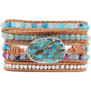 Unieke Gemengde Vergulde Stenen Charm 5 Strengen Wrap Armbanden Handgemaakte Turkoois Boho Armband Vrouwen Lederen Armband