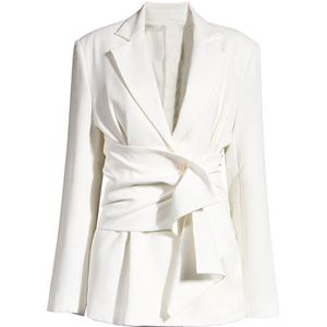 [Eam] Vrouwen Wit Knoop Split Joint Onregelmatige Blazer Revers Lange Mouwen Losse Fit Jas Mode Lente Herfst 1X343