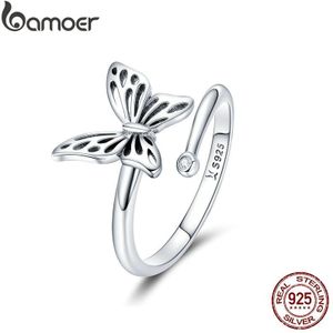 Bamoer Authentieke 925 Sterling Zilver Vintage Vlinder Verstelbare Vinger Ringen Voor Vrouwen Wedding Engagement Ring Sieraden SCR448