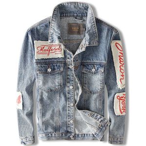 Streetwear Mannen Jassen Retro Blauw Patchwork Hip Hop Jassen Mannen Punk Stijl Denim Jassen Gedrukt Biker Jassen