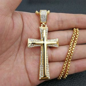 Hip Hop Rvs Knight Cross Hanger Ketting Mens Gold Kleur Box Ketting Verharde Steentjes Ketting Mannelijke Sieraden Cadeau