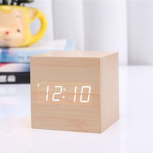 Mini Houten Vierkante Auto Klok Elektronische Klok Voice Control Digitale LED Wekker Lichtgevende Auto Voorruit Auto Accessoires