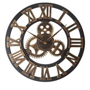 Retro Industriële Wind Gear Vintage Houten Wandklok Europese Stijl Woonkamer Grote Klassieke Gouden Romeinse Cijfer Home Klokken