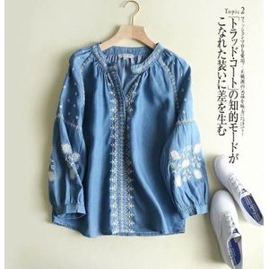 Superaen Lente En Zomer Losse Plus-Sized Geborduurde Tencel Volledige Denim Jas Overhemd V-hals Blouse Vrouwen